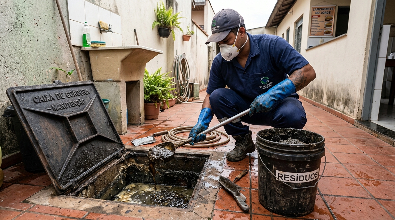 Remoção de resíduos da caixa de gordura em Barueri‑SP
